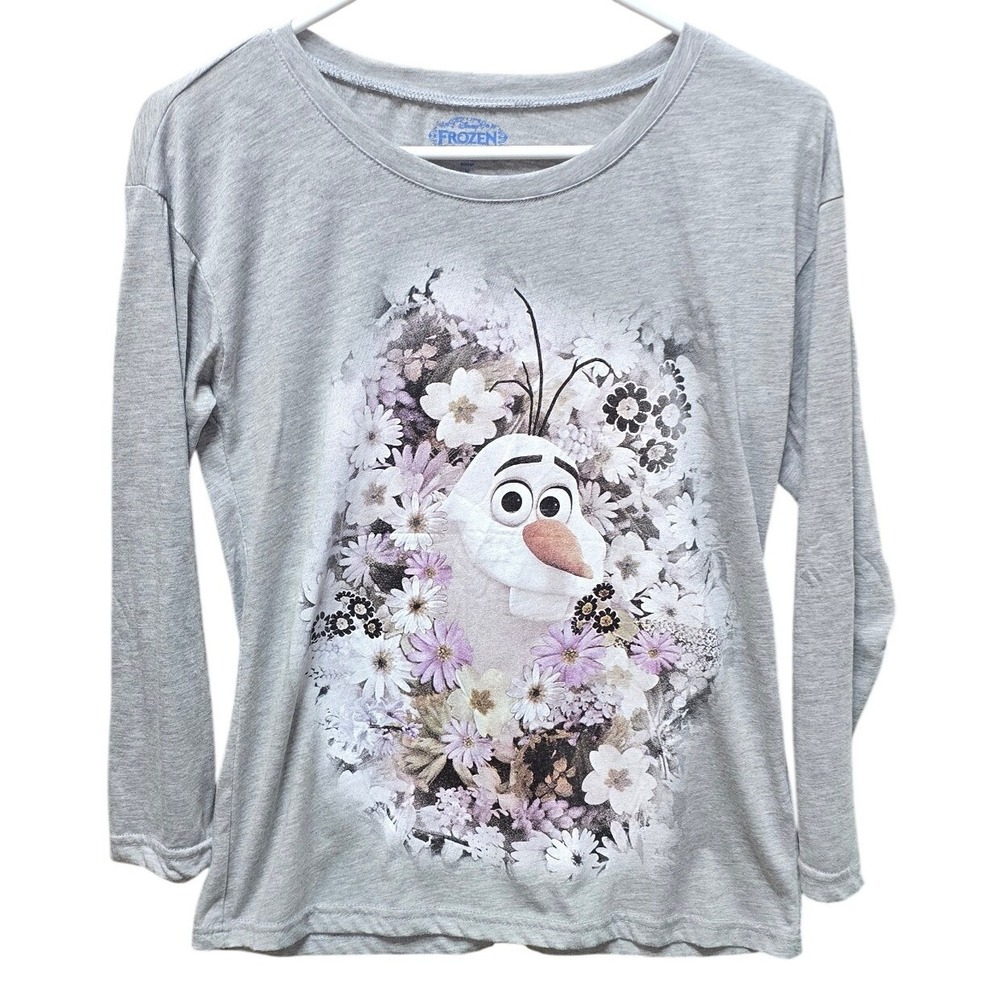 Disney Frozen Olaf Graphic Tee Womens Medium Gray Long Sleeve Floral Snowman Top